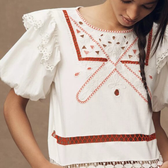 065 By Anthropologie Puff-Sleeve Cutwork Top NWT Size Large - Picture 2 of 9